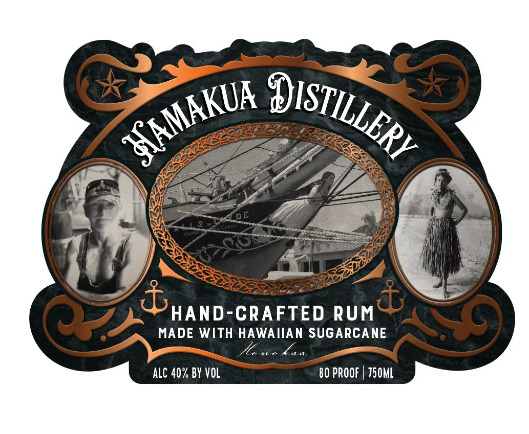 Hamakua Distillery label for hand-crafted rum made with Hawaiian sugarcane. Includes vintage photos of a woman and a ship. Contains 40% alcohol by volume and is 750ml.